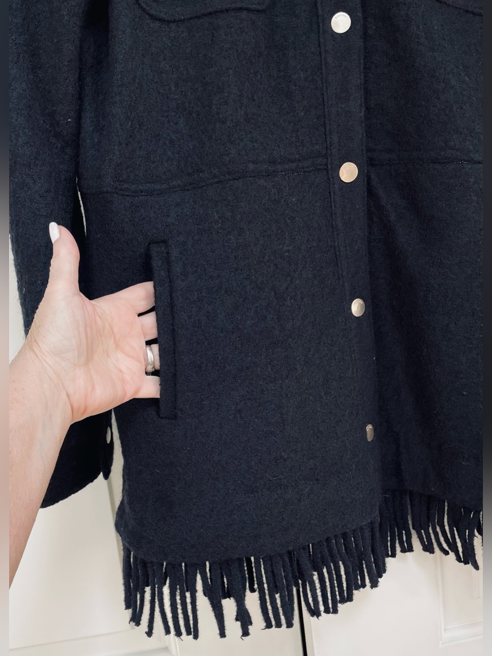 Chico’s Black Boiled Wool Heavy Button Down Fringe Jacket Size 1 Medium 8-10 - Picture 4 of 12